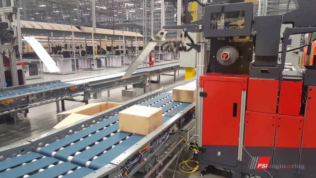 PSI Engineering Autoslip automated packing slip with top or side application shown on order fulfillment conveyor line