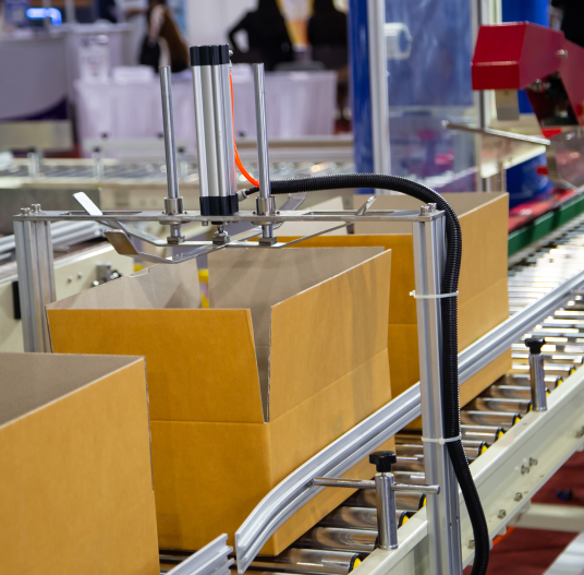 Open brown boxes travel along a metal roller conveyor beneath automated machinery with rods, tubes, and wiring in a busy factory packaging line.